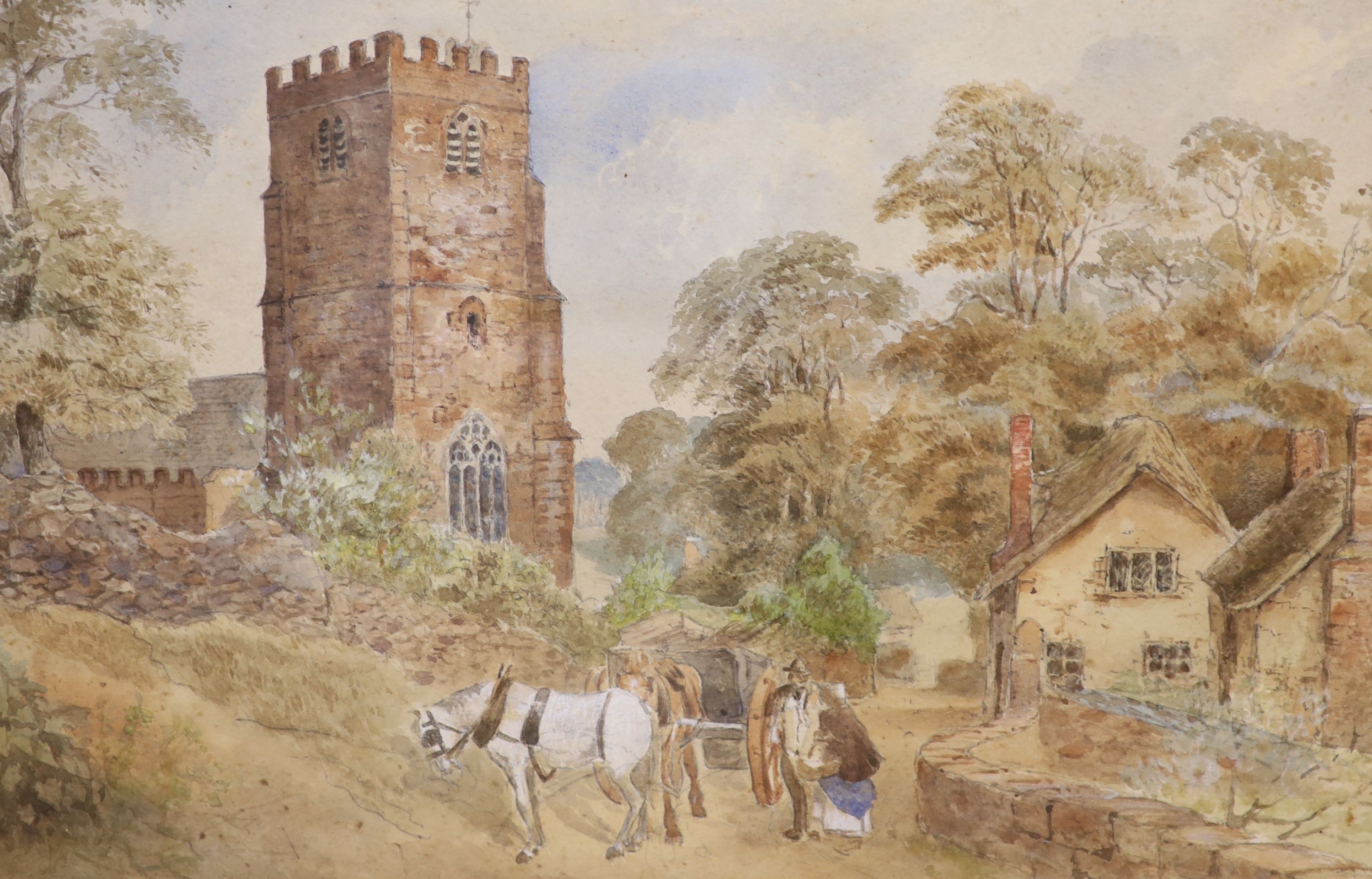 Victorian School, three watecolours, Horse and cart beside a church, Angler in a landscape and Pine tree in a landscape, largest 33 x 49cm